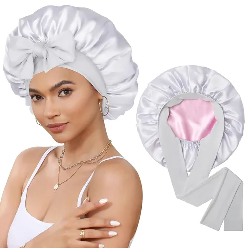 Vista 17 de Gorro de satén de seda para dormir, gorro de seda de doble capa con banda elástica para cabello rizado