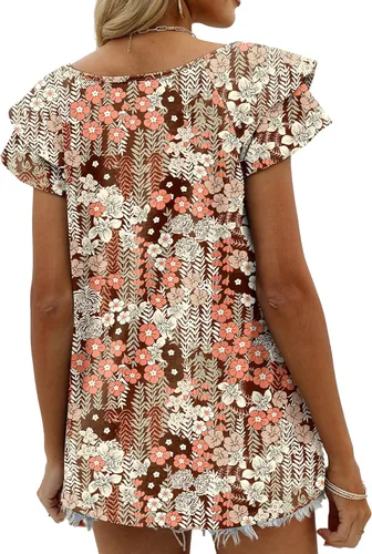 Vista 5 de OFEEFAN - Camisetas de verano para mujer, blusa informal de manga corta con volantes, cuello en V, ajuste holgado