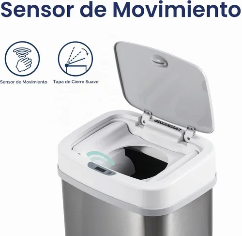 Vista 3 de Ninestars NPT-15-1WH Bote de basura automático con sensor de movimiento sin contacto con tapa, 4 galones/15 L, blanco, plástico