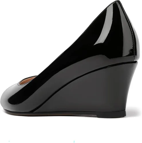 Vista 7 de MERRORI Zapatos de tacón bajo para mujer, con punta redonda, de charol sólido, de 2 pulgadas