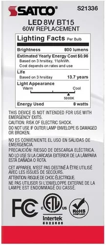 Vista 6 de Satco 6Pk 8w BT15 LED 5000K base mediana regulable - 60w equiv