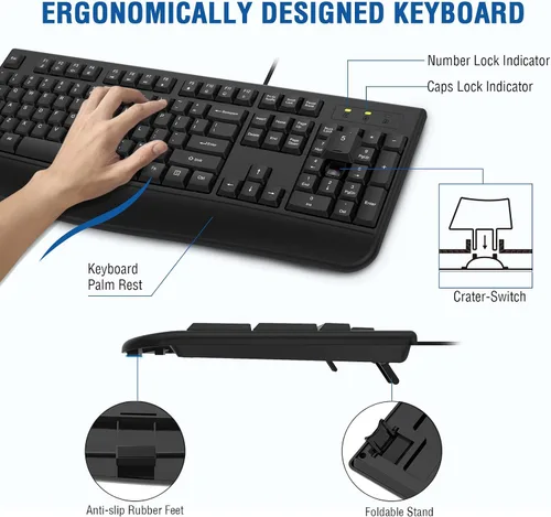 Vista 2 de EDJO - Combo de teclado y mouse con cable, teclado ergonómico de tamaño completo para computadora con reposamanos y mouse óptico con cable