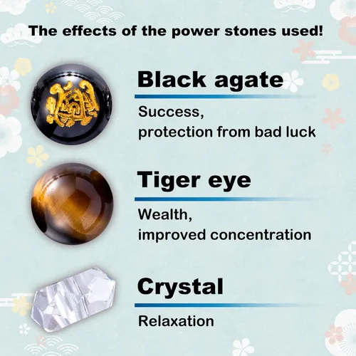 Vista 3 de Pulseras de amuleto de la suerte Lucky Shop fabricadas en Japón, pulsera de la suerte feng shui de ágata negra y ojo de tigre con cristal