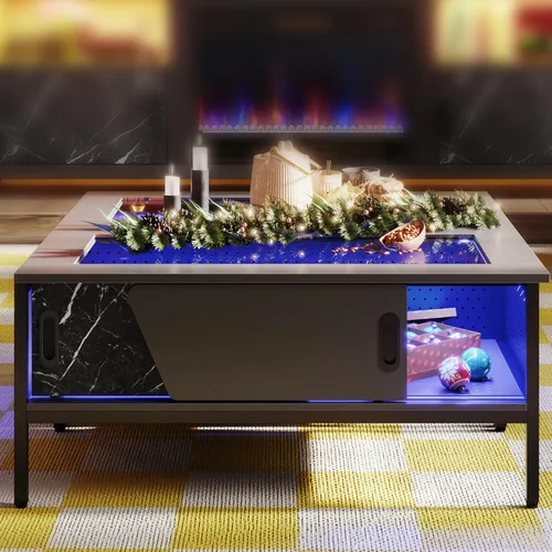 Vista 6 de Bestier Mesa de centro LED de 42 pulgadas con almacenamiento, mesa de centro moderna con tapa de vidrio para sala de estar, mesa central negra