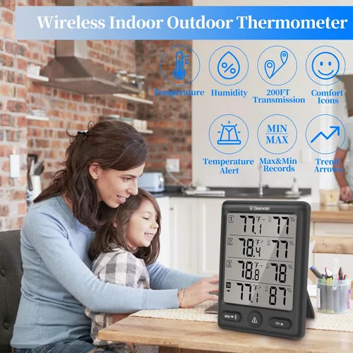 Vista 7 de Geevon Termómetro inalámbrico para interiores y exteriores con 3 sensores remotos, (negro)