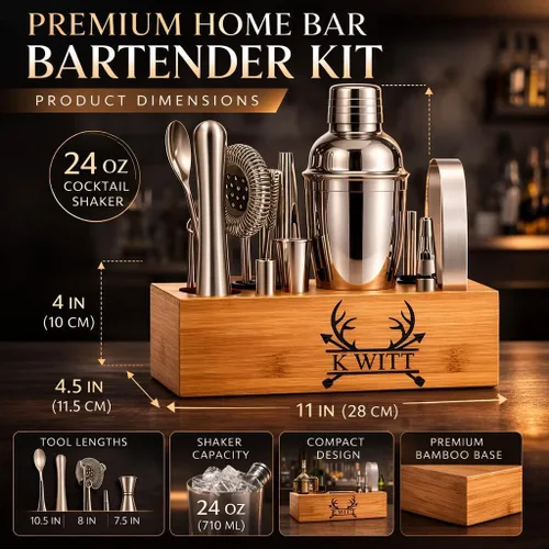 Vista 6 de Juego de coctelera personalizada de 12 piezas con soporte de bambú, kit de barman de mixología, coctelera de Martini y herramientas profesionales