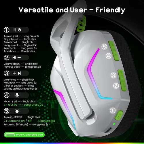 Vista 9 de 7.1 Auriculares inalámbricos para juegos para PS5, auriculares USB de 2.4 GHz con micrófono para PC, PS4, PS5, Switch, Mac, Bluetooth 5.4, sonido