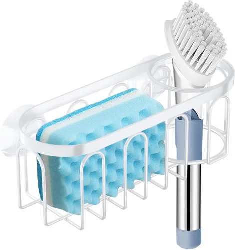 Vista 8 de Soporte de esponja 2 en 1 para fregadero de cocina, organizador de fregadero de cocina con 3 ventosas, soporte de esponja para fregadero a prueba