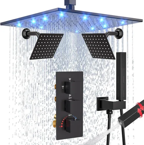 Vista 17 de Enga Juego de grifo de ducha termostático, cabezal de ducha LED de 12 pulgadas con cabezal de ducha doble de 6 pulgadas, juego de grifo de ducha