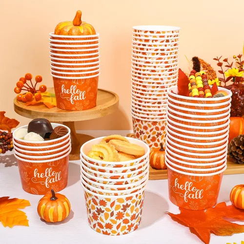Vista 4 de Whaline 60 tazas de papel desechables con diseño de hojas de arce, cuencos de papel desechables de 9 onzas con hojas de otoño, tazas de papel