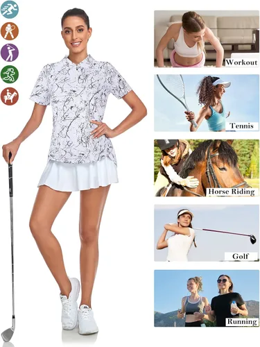 Vista 4 de Tanst Sky Camisas polo de golf para mujer, manga corta, con cremallera de un cuarto, sin botones, absorbe la humedad