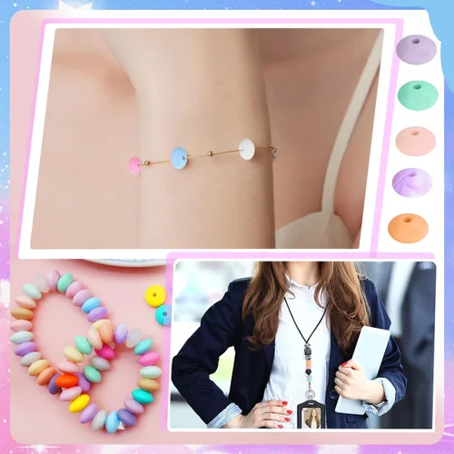 Vista 6 de 100 cuentas de lentejas de silicona de 0.47 pulgadas (0.472 in) de goma de ábaco espaciador suelto con cordón de 16.4 ft para pulseras, collares