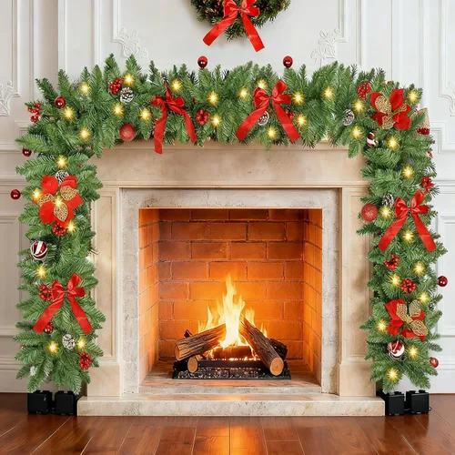 Vista 7 de Guirnalda de Navidad con luces, guirnalda de Navidad preiluminada de 9 pies con 30 luces LED para repisa, decoración de Navidad para interiores
