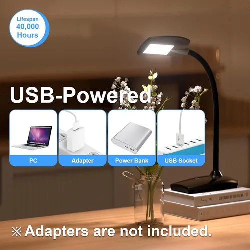 Vista 6 de Lámpara de escritorio LED de 3 brillos regulables para el cuidado de los ojos, lámpara de mesa negra, cuello de cisne flexible, luz de escritorio