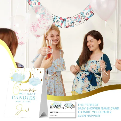 Vista 4 de Guess How Many Candies Baby Shower Games, paquete de 1 logotipo y 50 tarjetas, estrella y luna dorada, nube azul, letreros de baby shower, juego