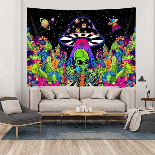 Vista 3 de JAWO Tapices alienígenas geniales, tapiz mágico psicodélico de hongos psicodélicos OVNI para colgar en la pared, decoración del hogar