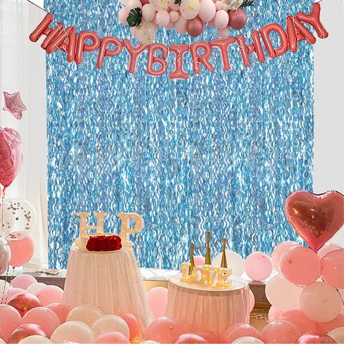 Vista 6 de CYLMFC - Paquete de 4 cortinas de papel de aluminio para fiesta, color azul claro, 3.3 x 6.6 pies, telón de fondo ondulado para cabina de fotos