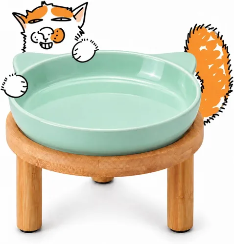 Vista 11 de Cuencos elevados de cerámica para gatos con soporte de bambú, platos elevados de comida para mascotas para gatos y perros pequeños, comedero