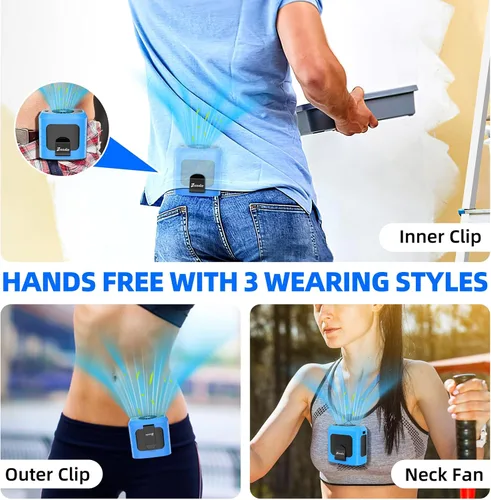 Vista 4 de Zeadio Ventilador portátil con clip de cintura, 4 velocidades, 10000 mAh, funciona con manos libres, con función de iluminación y carga para Azul