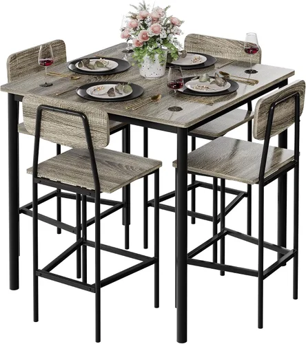 Vista 9 de Juego de mesa de comedor para 4, mesa de cocina de 5 piezas con sillas, juego de comedor industrial resistente que ahorra espacio para pub, cenas