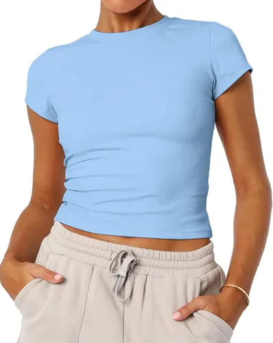Vista 21 de Camisetas básicas de manga corta con cuello redondo para mujer de verano Y2K, lindas para salir, camisetas estilo bebé Azul ceniza