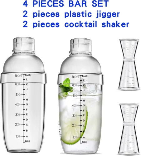 Vista 6 de Juego de coctelera transparente de 4 piezas, 2 piezas, coctelera de plástico con 2 piezas de plástico de doble medición