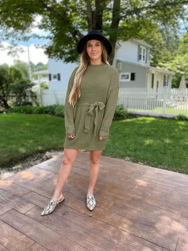Vista 7 de ZESICA - Vestido de tejido de punto gofre con lazo en la cintura y manga larga para mujer estilo túnica de un solo color sin botones