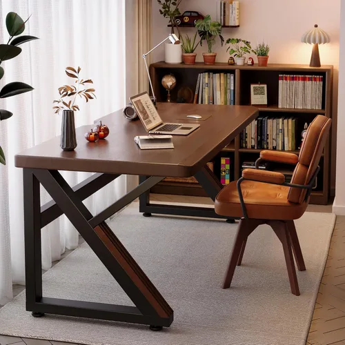 Vista 5 de Polibi Escritorio doble resistente de 55.1 pulgadas con patas en K de acero al carbono y parte superior de madera, escritorio largo para computadora
