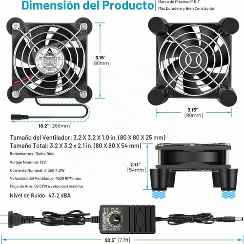 Vista 5 de GDSTIME 80mm Computer Fan with AC Plug, Variable Speed PC Fan w/Controller