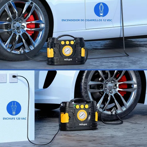 Vista 4 de Nilight Inflador de neumáticos Compresor de aire portátil de doble potencia 12 V CC para automóvil, 110 V CA para el hogar, bomba con manómetro
