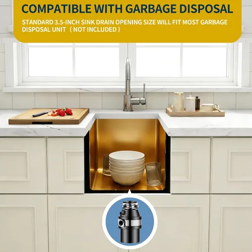 Vista 4 de Fregadero de barra dorada de 13 x 15 pulgadas, fregaderos de cocina dorados de acero inoxidable SUS304 de calibre 16 con accesorios, fregadero