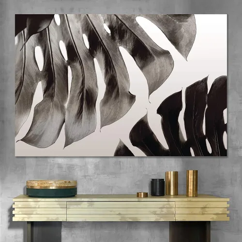Vista 2 de SigNWIN - Lienzo decorativo para pared, diseño de hojas de monstera tropicales, fotografía realismo, diseño moderno en blanco y negro, para sala
