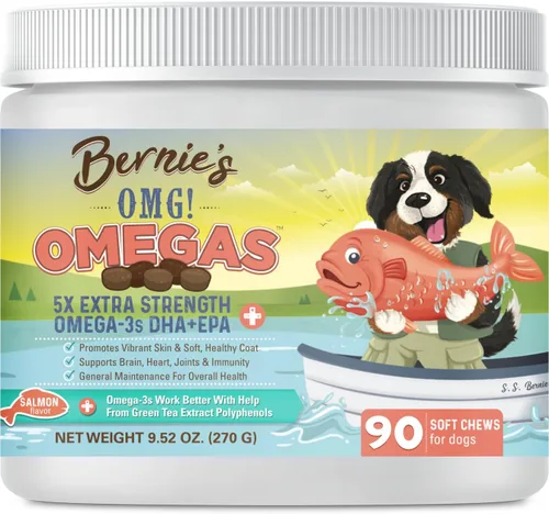 Vista 9 de Bernie's OMG! Gomitas de Omegas para Perros - 5 veces más Fuerte DHA+EPA, Aceite de Pescado, Piel y Pelaje Saludables, Alivio de Alergias