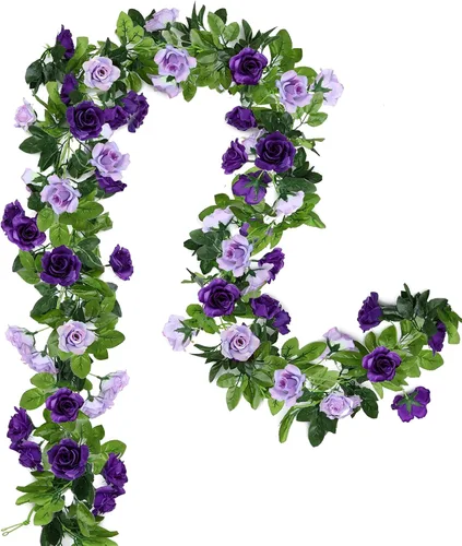 Vista 11 de Floweroyal Paquete de 2 guirnaldas de flores artificiales de 15.8 pies, flores de seda falsas de hiedra rosa para colgar en el arco de boda, fiesta