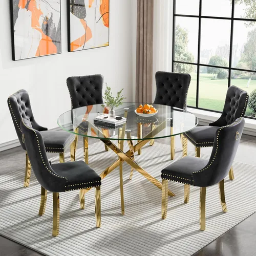 Vista 23 de Juego de mesa de comedor SSLine moderno de 3 piezas con mesa redonda de vidrio para 2, lujosa mesa de comedor circular de 36" con tapa de vidrio