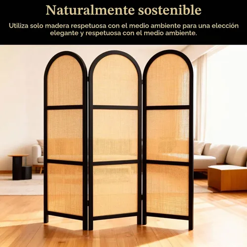 Vista 5 de ELK & ELDER Divisor de habitación de 3 paneles Pantalla de privacidad plegable con marcos de madera oscura arqueada y paneles tejidos claros