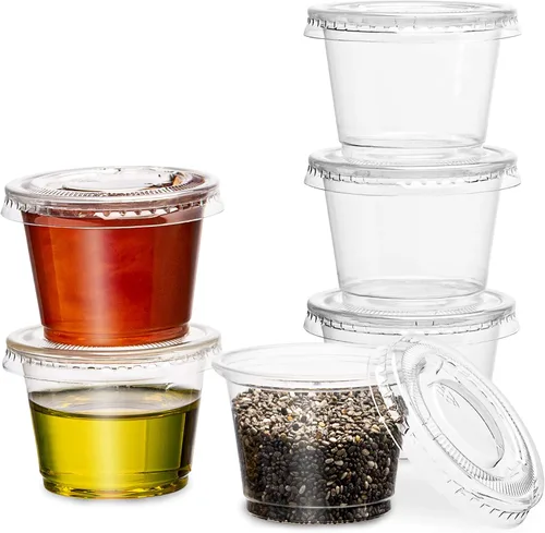 Vista 4 de Paquete de 100 tazas de porción – Tazas de 1 onza con tapas, a prueba de fugas y apilables, vasos de gelatina, tazas de condimentos