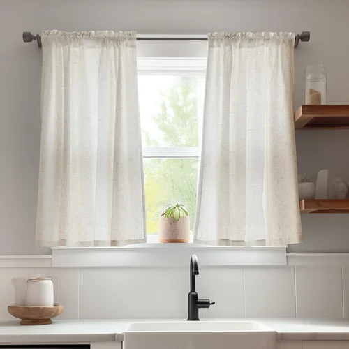 Vista 4 de Jinchan - Cortinas de cocina de lino rústico beige con bolsillo para barra, 26 x 36 pulgadas, 2 paneles
