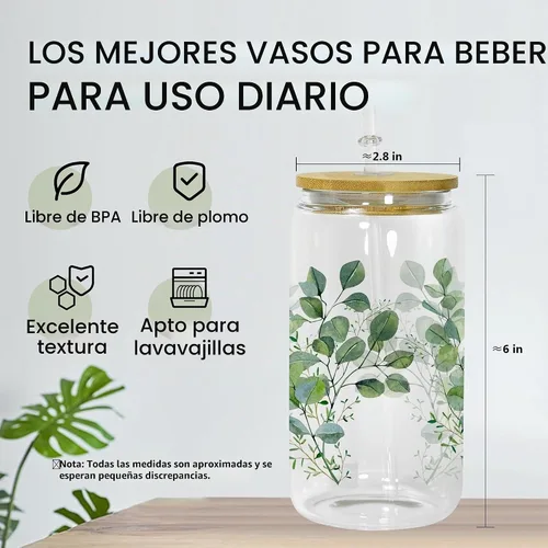 Vista 5 de AGH - Paquete de 12 latas de vidrio de sublimación transparentes de 16 onzas con tapas y popotes de bambú, tarro de vidrio helado de masón, vaso