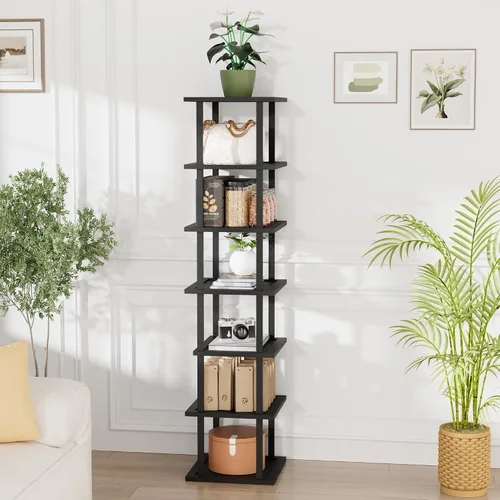 Vista 4 de Zapatero alto vertical para entrada, 7 niveles, delgado, estrecho, de madera de bambú, apilable, soporte de almacenamiento para botas, espacios Negro