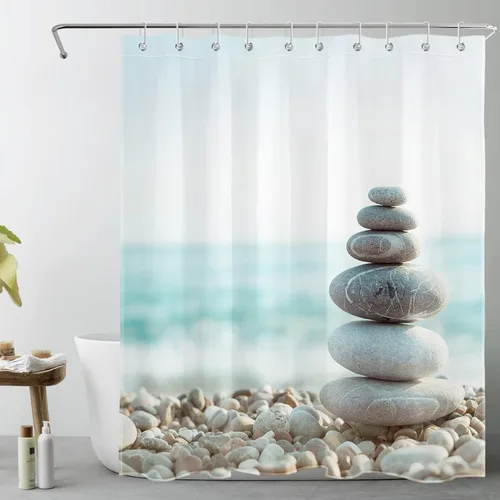 Vista 9 de LB Cortina de ducha asiática de piedra zen, cortina de ducha japonesa para baño, cortinas de baño de tela negra de 48 x 72 pulgadas con ganchos