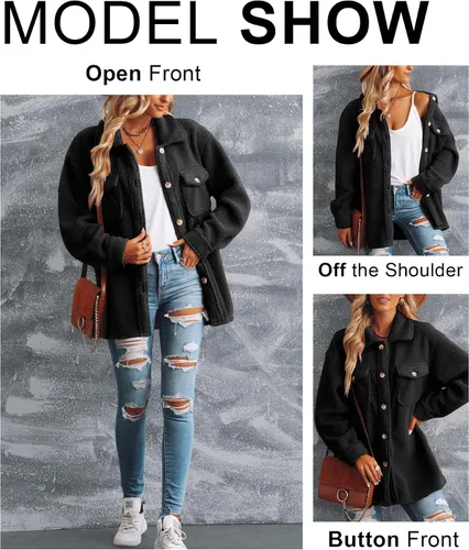 Vista 3 de Chaqueta de forro polar Sherpa para mujer, abrigo casual mullido con botones y bolsillo