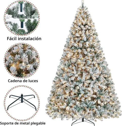 Vista 6 de Yaheetech - Árbol artificial de Navidad preiluminado de 9 pies con luces incandescentes de color blanco cálido, árbol de Navidad con flecos de Verde