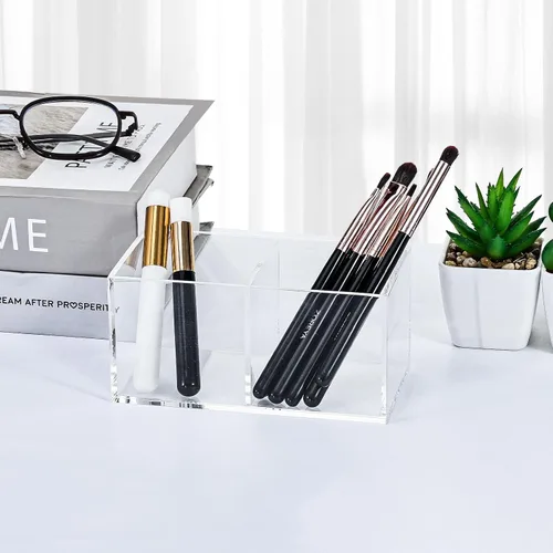 Vista 4 de Organizador de brochas de maquillaje de acrílico transparente para escritorio, cubo cuadrado, 3 piezas, soporte de almacenamiento para brochas
