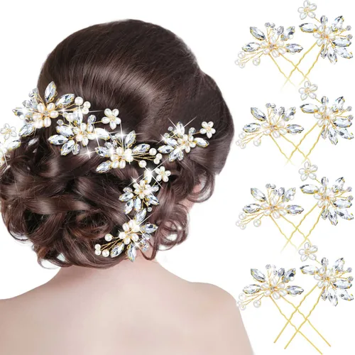 Vista 2 de Geosar 8 pinzas para el pelo de boda, horquillas doradas para el pelo de novia con flores de diamantes de imitación, accesorio de novia para mujeres