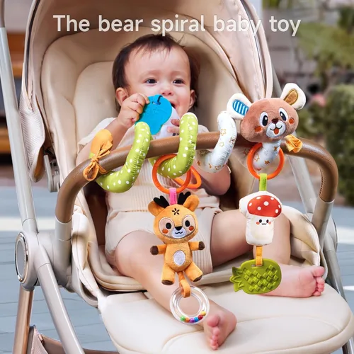 Vista 2 de TUMAMA - Juguete de actividad para bebé, lindo oso en espiral con juguetes colgantes, clips, juguetes sensoriales estimulantes desmontables