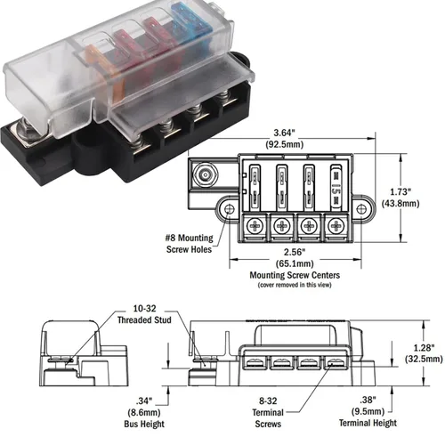 Vista 3 de Caja de fusibles de hoja de 4 vías con cubierta DC 32V ATO Blade Fuse Box Block Holder para coche barco