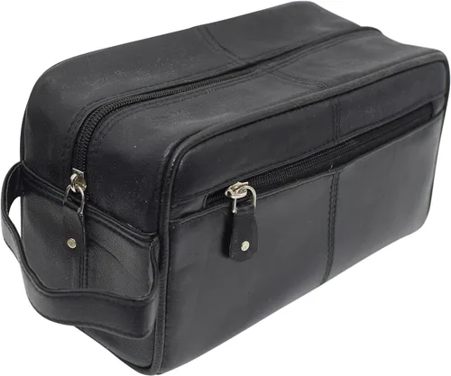Vista 8 de MARSHAL Neceser de viaje de cuero genuino Dopp Kit organizador de viaje para hombres y mujeres, Negro -, Neceser