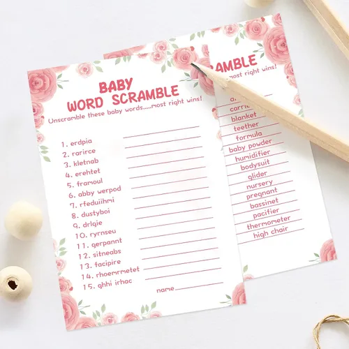 Vista 5 de OLOUTAB 50 Juegos de Baby Shower para Niña - Juego de Palabras con Tema Floral, Cartulina Gruesa, Divertido y Fácil de Jugar (Con Respuesta)