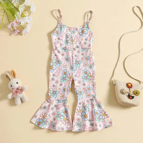 Vista 2 de YOKJZJD Traje de Pascua para bebé niña pequeña, sin mangas, overol de conejo, pantalones acampanados, leggings